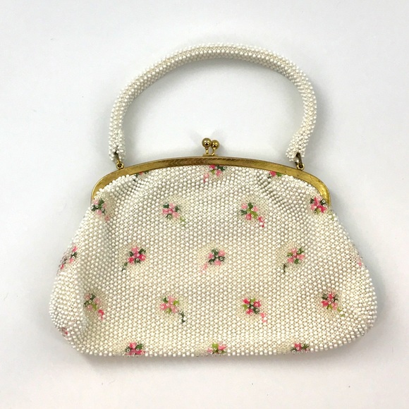 Vintage 1950s Ivory Floral Beaded Corde Bag